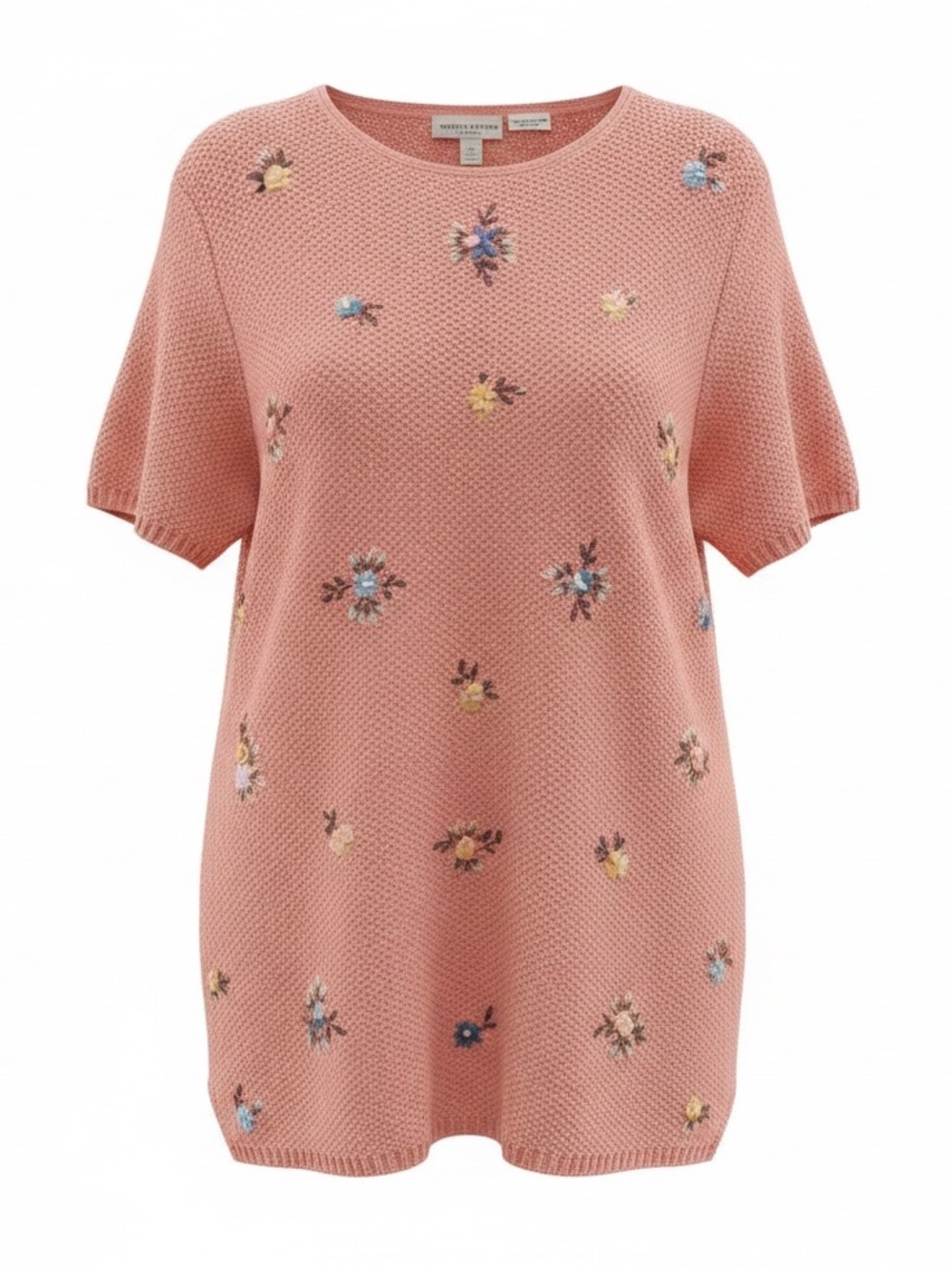 Vintage White Stag Floral Embroidered Short Sleeve Knit Sweater Coral Plus Size